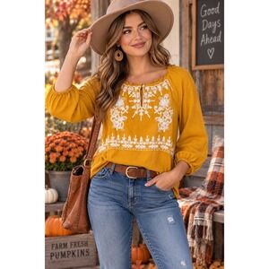 St Johns Bay Womens Medium Mustard Embroidered Peasant Blouse Boho Fall Top